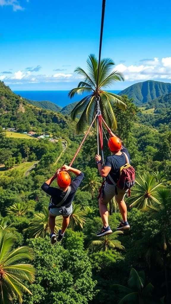 Two people ziplining over lush greenery in Maui, Hawaii