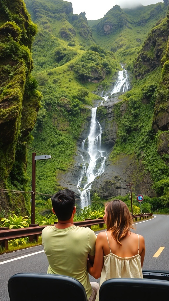 A couple enjoying a scenic drive on the Road to Hana with lush mountains and a waterfall in the background.