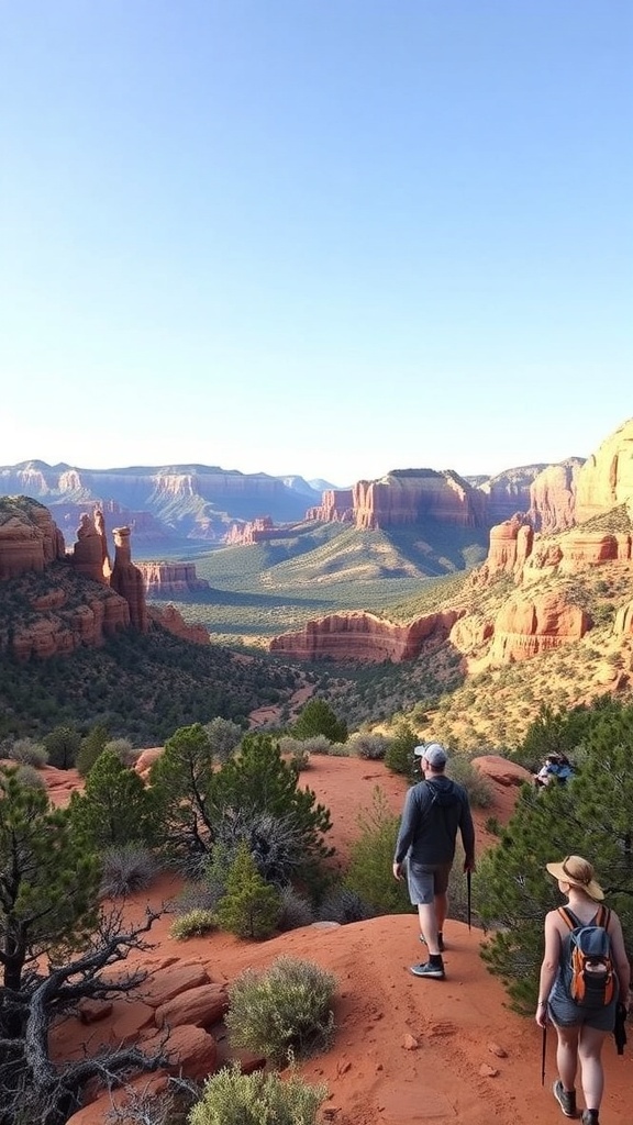 A couple hiking in Sedona, surrounded by red rock formations and greenery.
