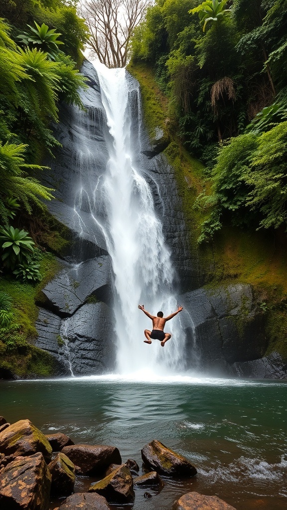 A person jumping into Waimea Falls in Kauai, Hawaii, surrounded by lush greenery.