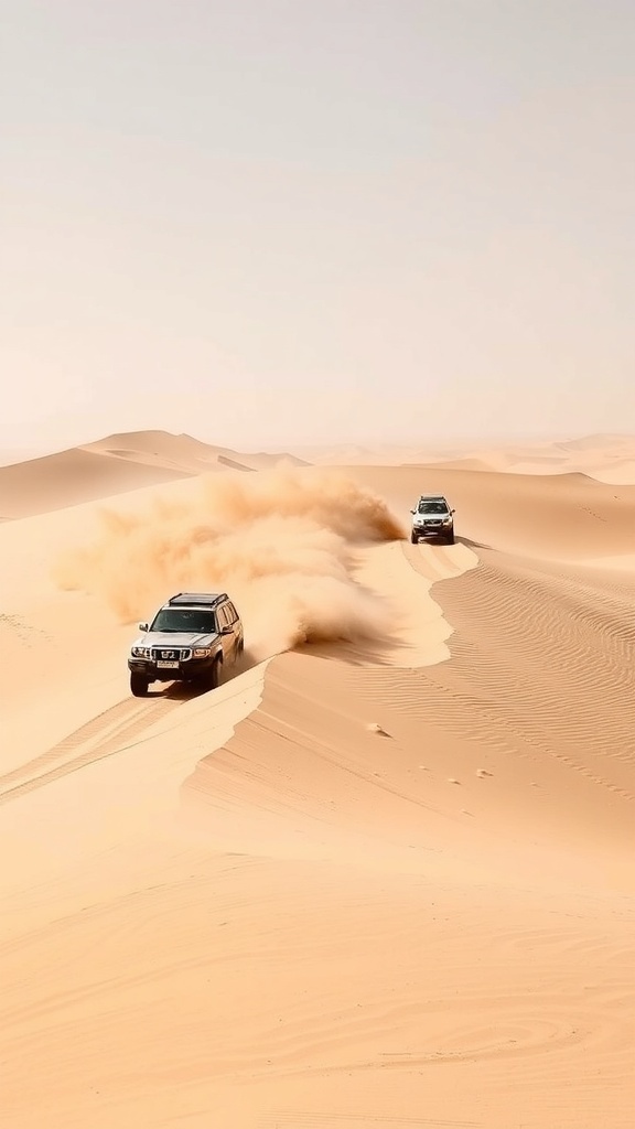 Two 4x4 vehicles dune bashing in the desert, kicking up sand