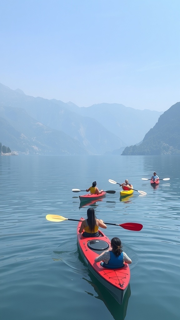 Group of people kayaking on Lake Como with mountains in the background