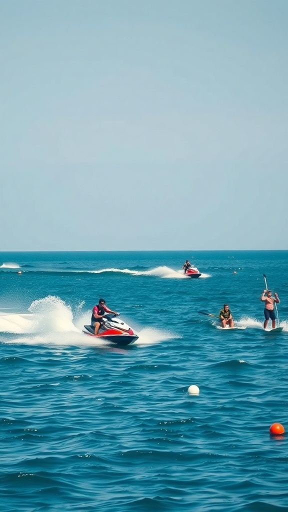 People enjoying water sports in Ibiza, including jet skiing and paddleboarding.