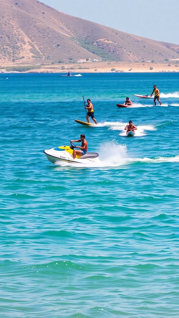 People enjoying water sports at Gerakas Beach in Zakynthos, Greece