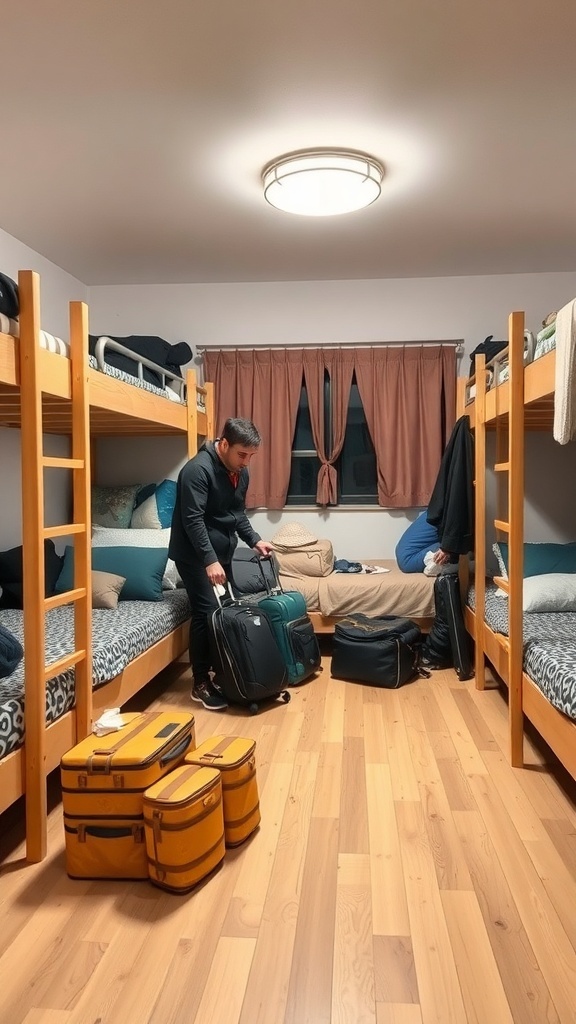 A cozy hostel room with bunk beds and luggage, showcasing affordable accommodations in Japan.
