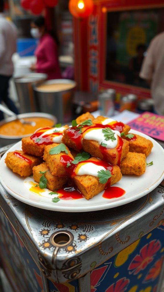 A plate of Aloo Tikki Chaat with sauces and coriander on top.