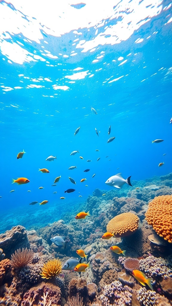 Underwater scene in Amed, Bali, featuring colorful fish and coral reefs.