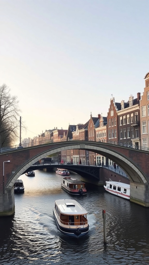 A scenic view of a canal in Amsterdam with a bridge and boats.