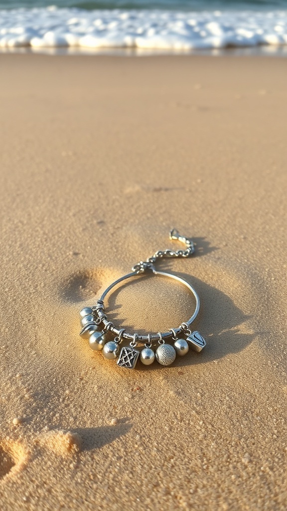 A silver anklet with various charms on a sandy beach