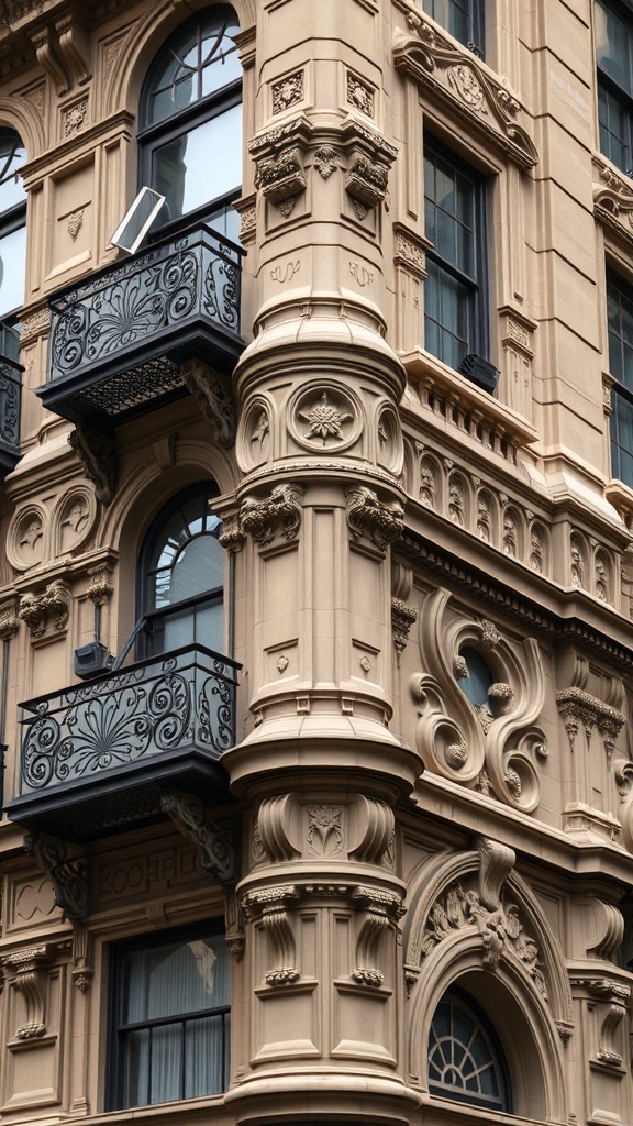 Close-up of a historic building in New York City, featuring ornate architectural details and a decorative balcony.