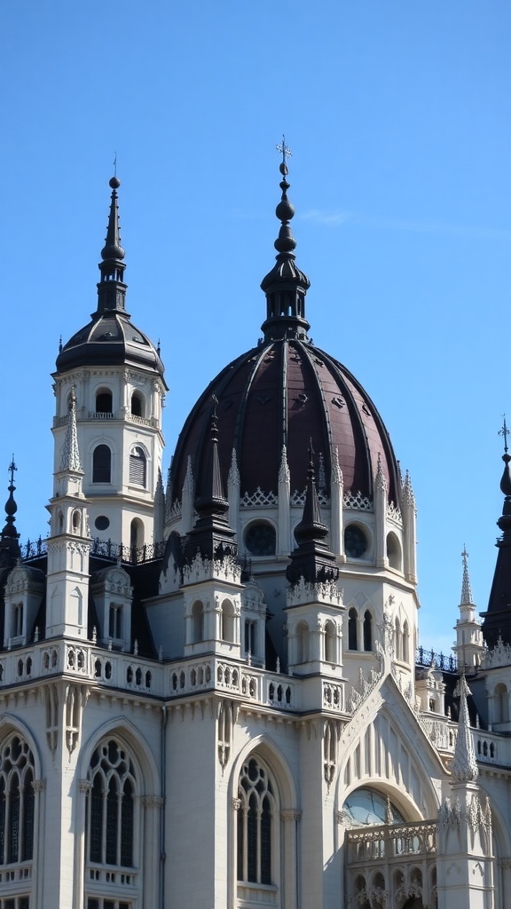 Close-up view of the dome and spires of the Hungarian Parliament building