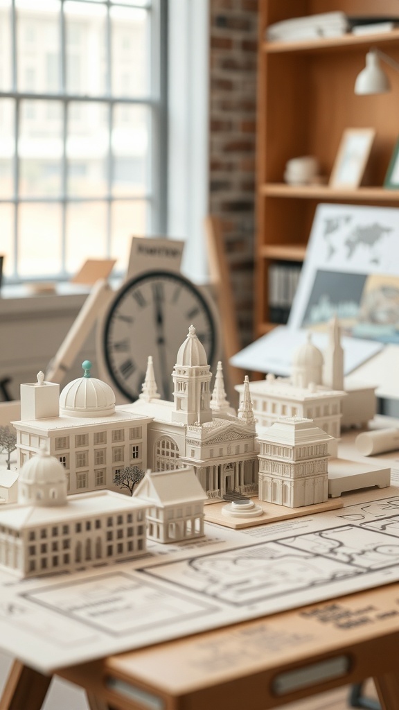 3D printed architectural models displayed on a table in a bright room