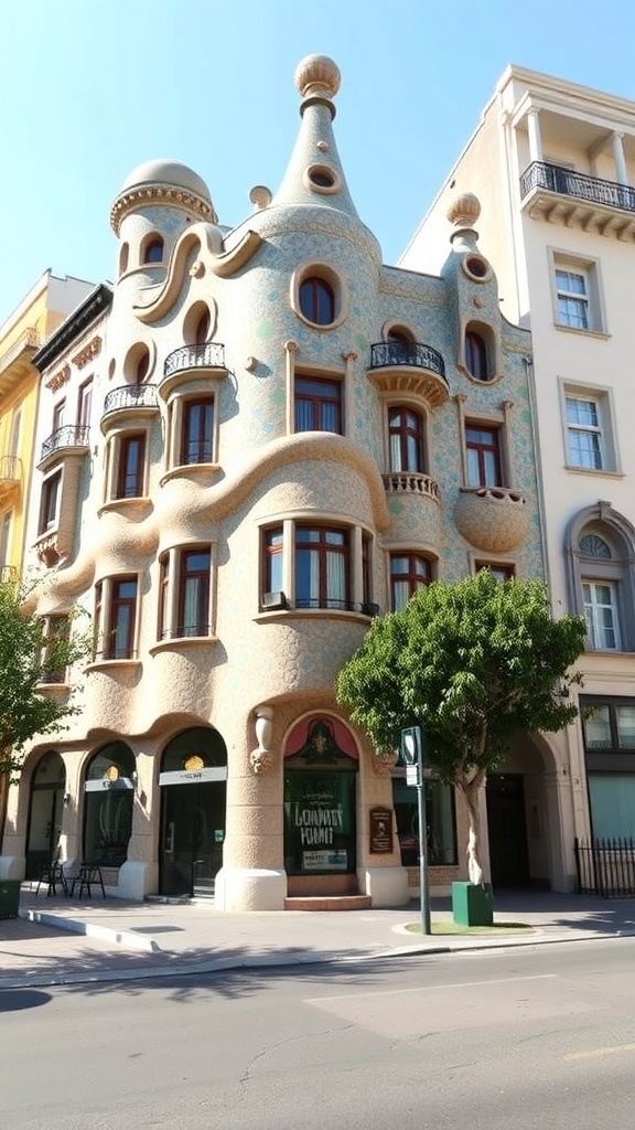 A colorful and uniquely designed building with wavy shapes and decorative tiles, showcasing modernist architecture.