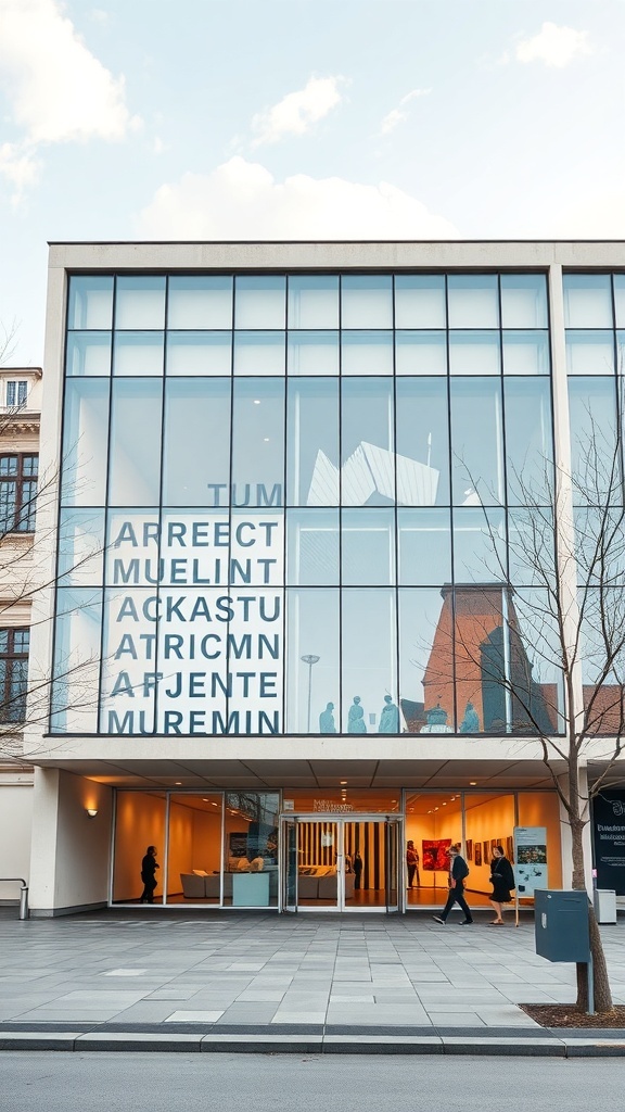 Exterior view of the Kunsthaus Zurich, showcasing its modern glass facade and people walking by.