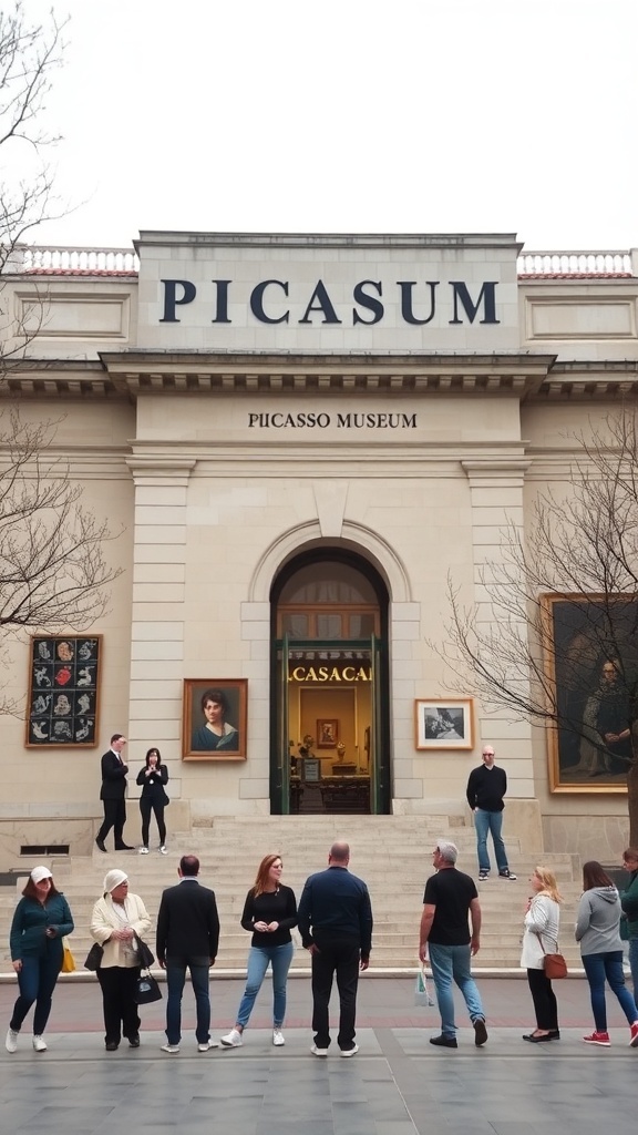Entrance of the Picasso Museum in Barcelona with visitors outside.