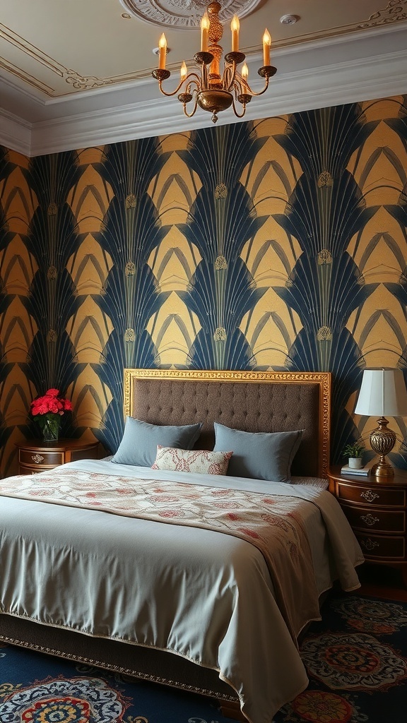 Art Deco inspired bedroom with geometric wallpaper in blue and gold, featuring a chandelier and elegant bedding.