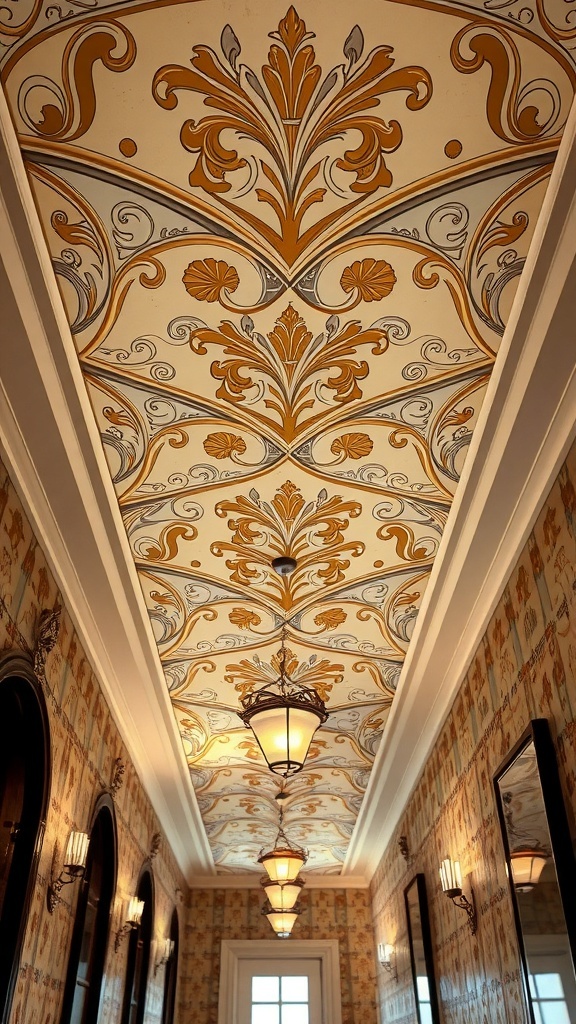 Art Deco inspired ceiling wallpaper with floral motifs in gold and soft colors.