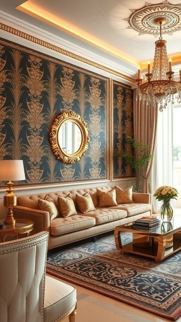 Living room with Art Deco inspired wallpaper featuring peacock feather patterns, elegant furniture, and a stylish decor.
