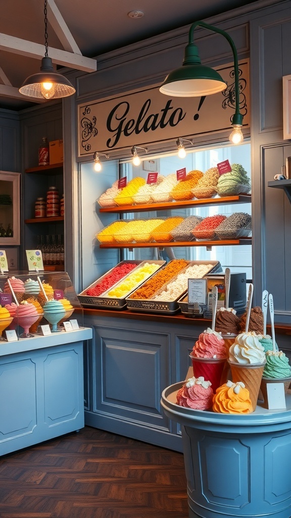 Interior of an artisan gelato shop with colorful gelato displayed