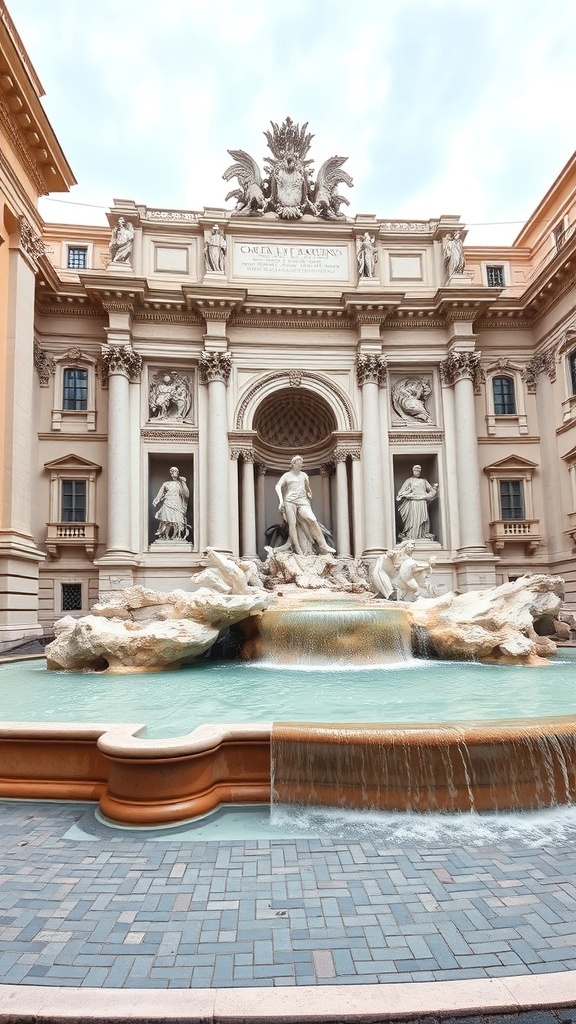 A view of the Trevi Fountain in Rome, showcasing its intricate sculptures and flowing water.