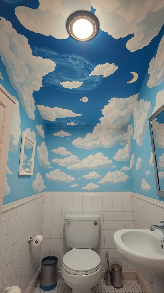 A bathroom ceiling mural depicting a blue sky with clouds and a crescent moon.