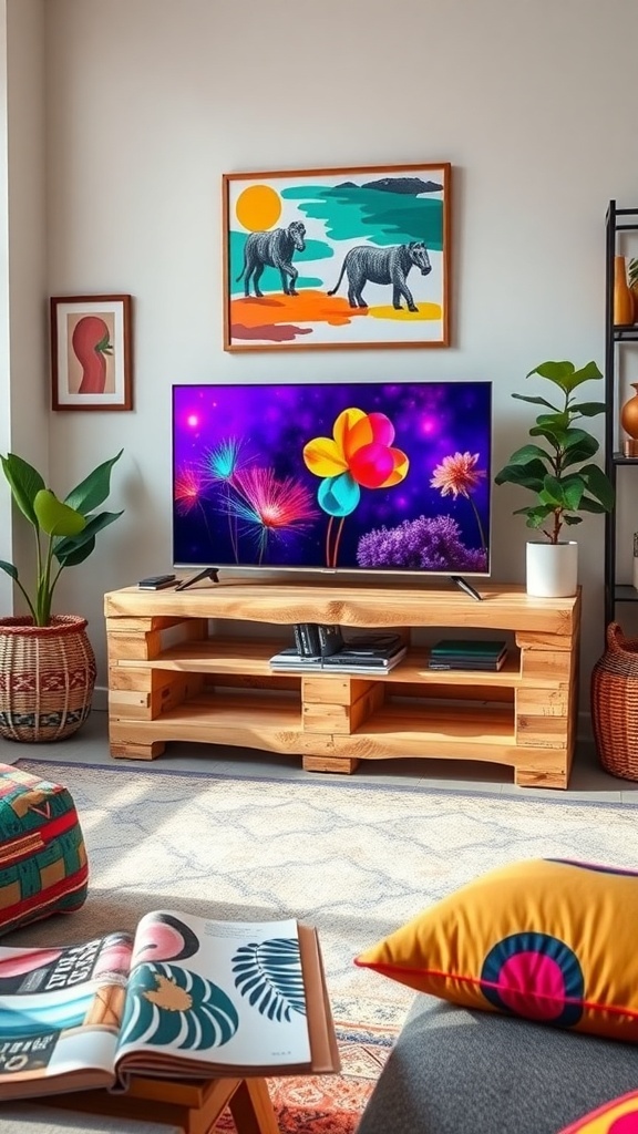 A stylish DIY pallet TV stand in a cozy living room with colorful artwork and plants.