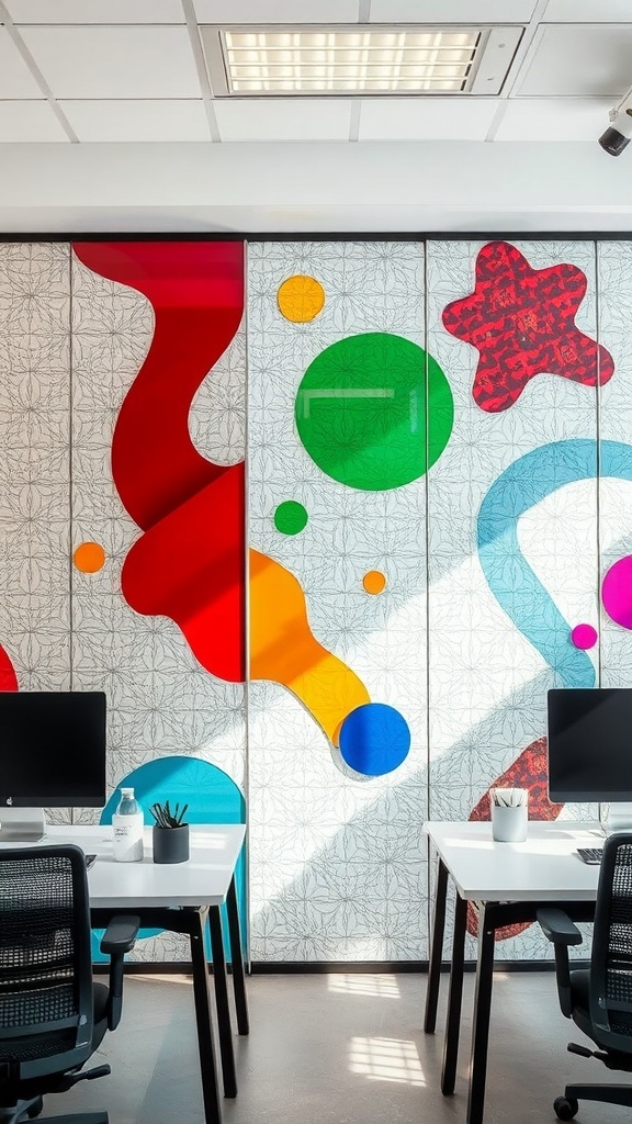 Vibrant artistic glass screen dividers in an office setting