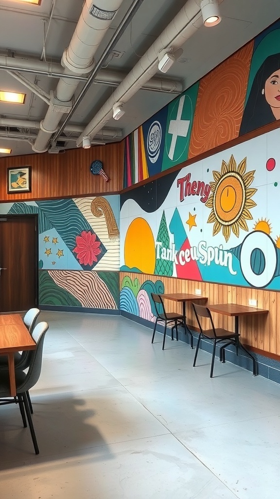 A colorful mural on a half wall paneling, featuring abstract designs and playful elements.