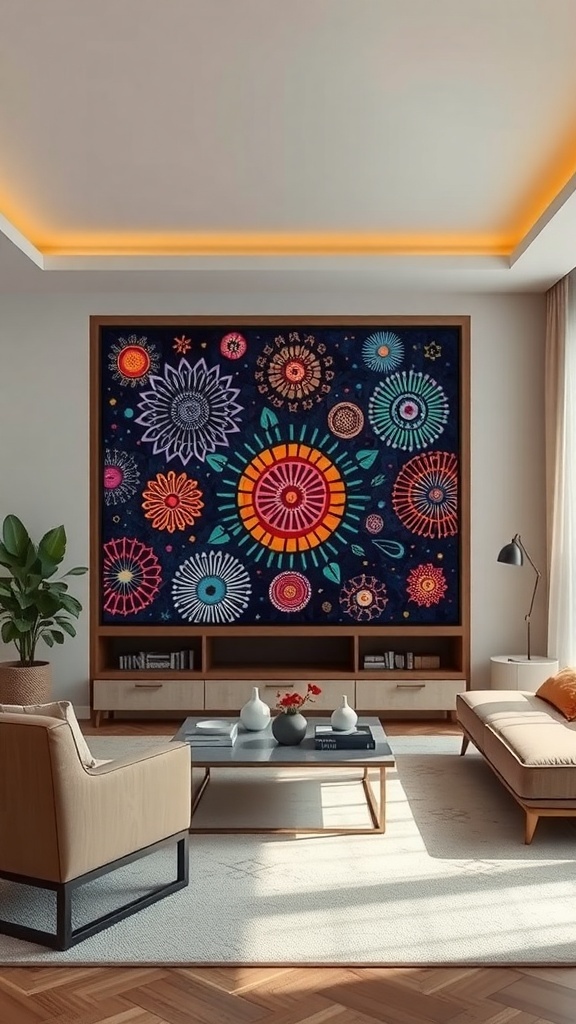 A vibrant wall art piece serving as a room separator in a stylish living room.