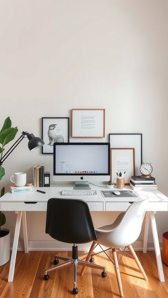 A minimal desk setup featuring a white desk, a computer, framed artwork on the wall, a plant, and a desk lamp.