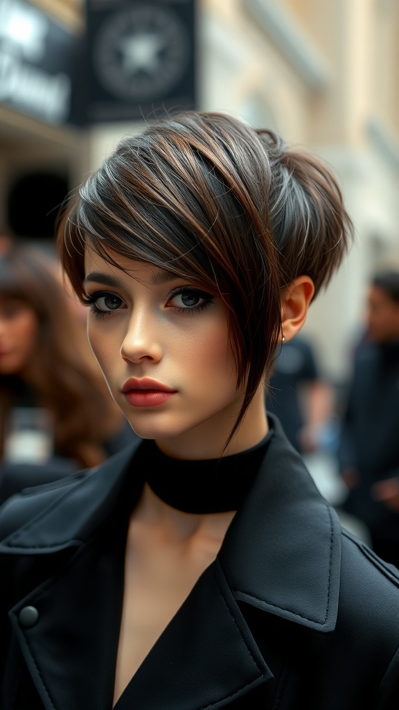 A young woman with an asymmetrical haircut and dramatic bangs, showcasing a stylish look.