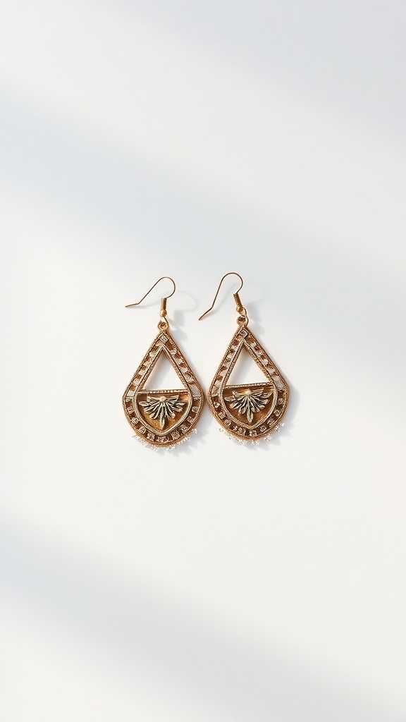 A pair of asymmetrical golden earrings with intricate designs.