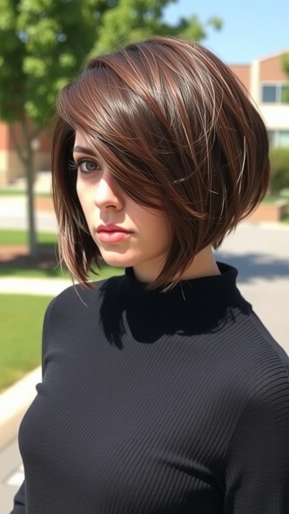 A woman with an asymmetrical French bob hairstyle, featuring one side longer than the other, styled with soft waves.