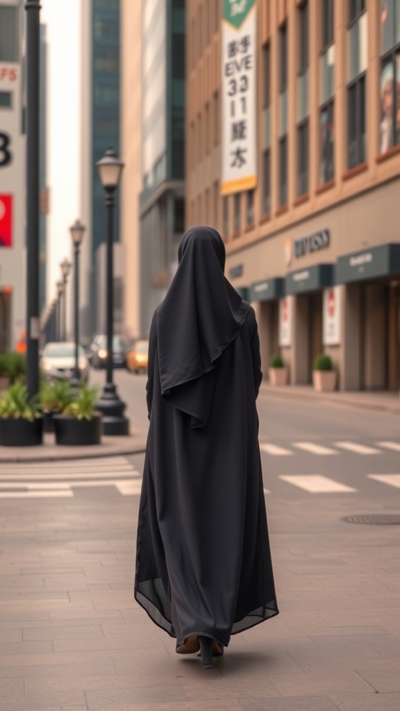 A woman wearing a dark asymmetrical hem abaya walking in a city street.