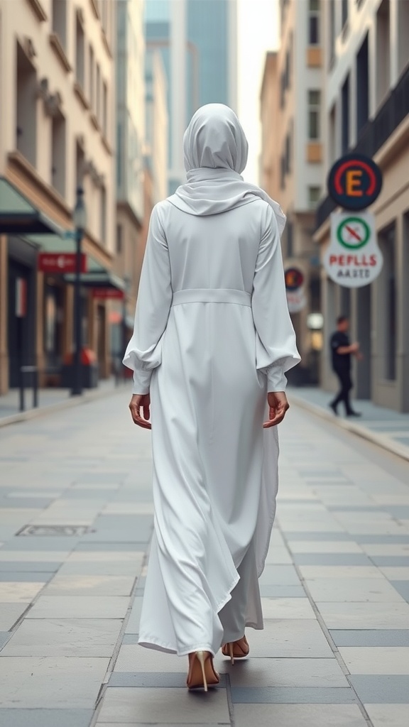 A woman wearing a white abaya with an asymmetrical hemline walking in a city street.