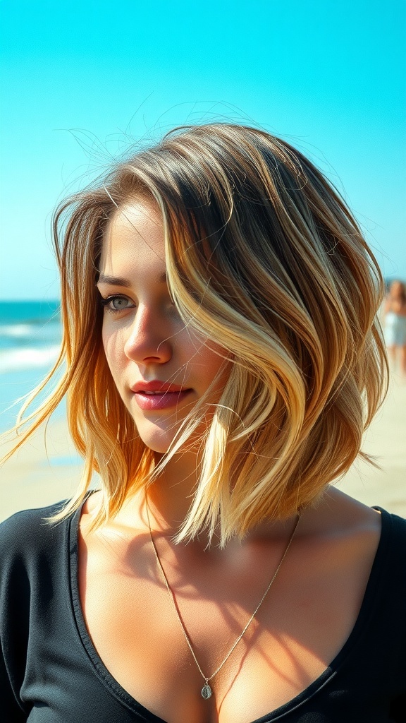 A woman with an asymmetrical lob haircut, featuring soft waves and highlights, standing against a beach background.