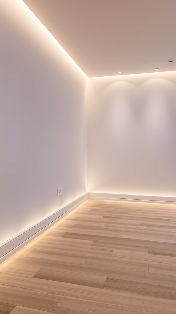 A modern room with integrated lighting in the baseboards, showcasing a soft glow along the edges.