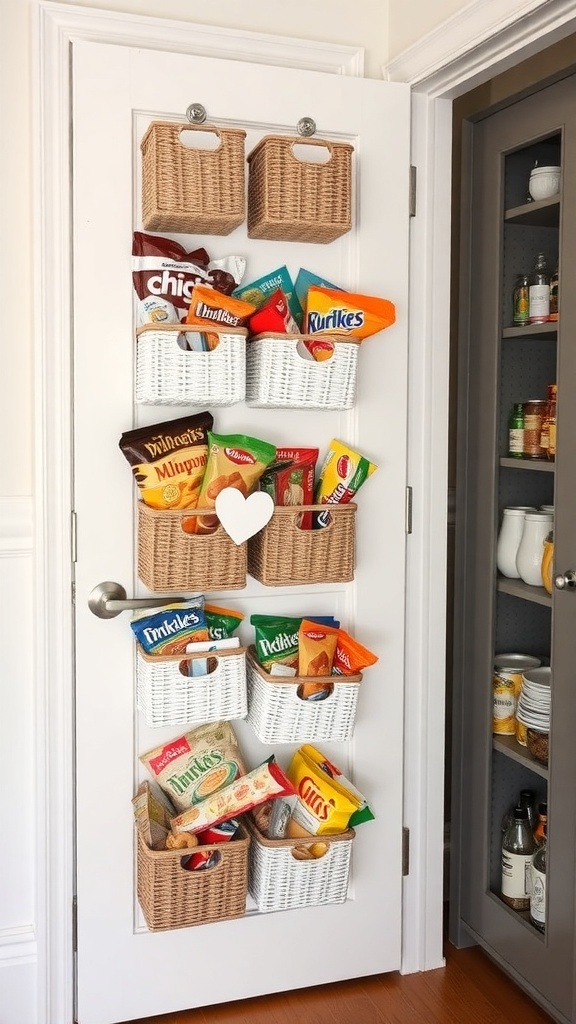 Pantry door with baskets filled with snacks