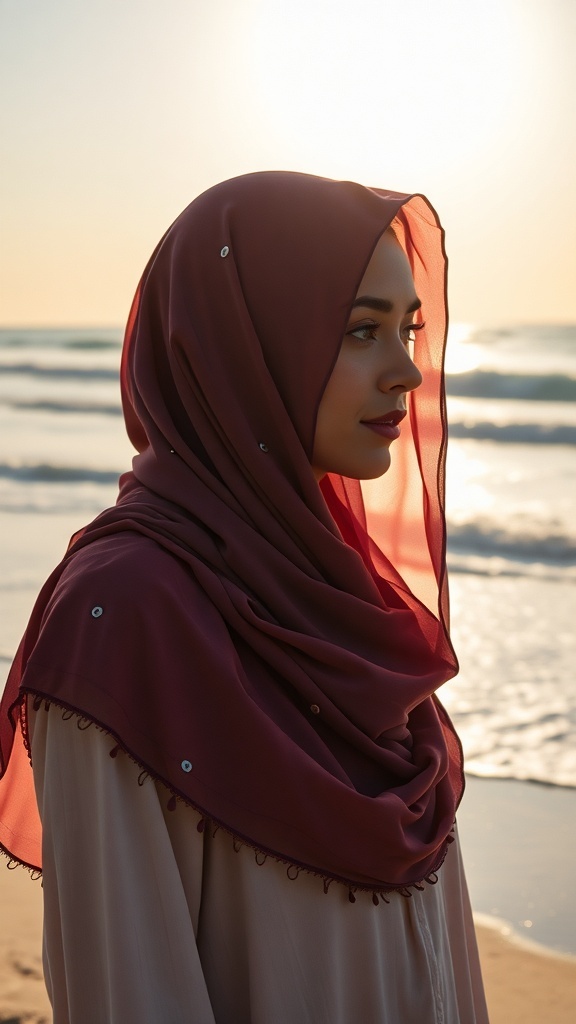 A woman wearing a burgundy hijab at the beach during sunset