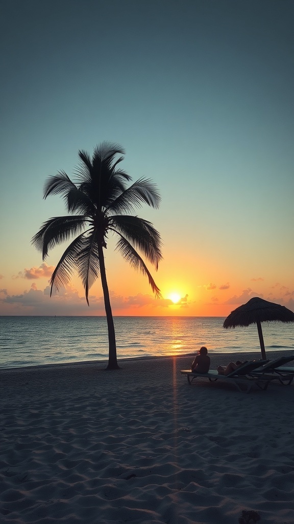 A serene sunset view at a beach in Key West, featuring a palm tree and lounge chairs.