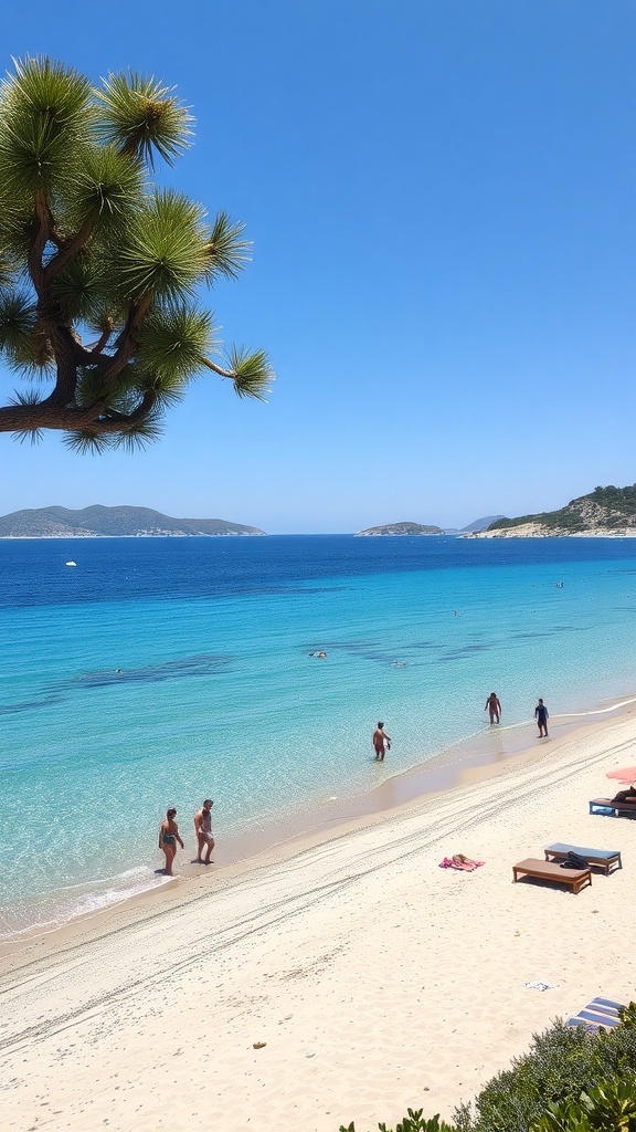A beautiful beach in Samos, Greece, featuring clear blue waters, sandy shores, and people enjoying the sun.