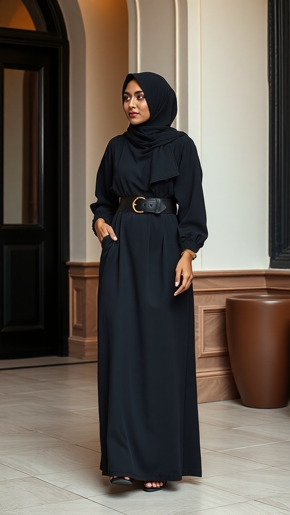 A woman wearing a black belted abaya, showcasing a defined silhouette.