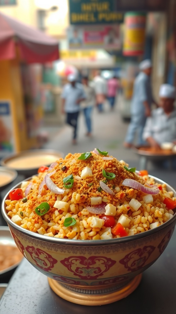 A bowl of Bhel Puri topped with onions, tomatoes, and spices, set against a street food backdrop.