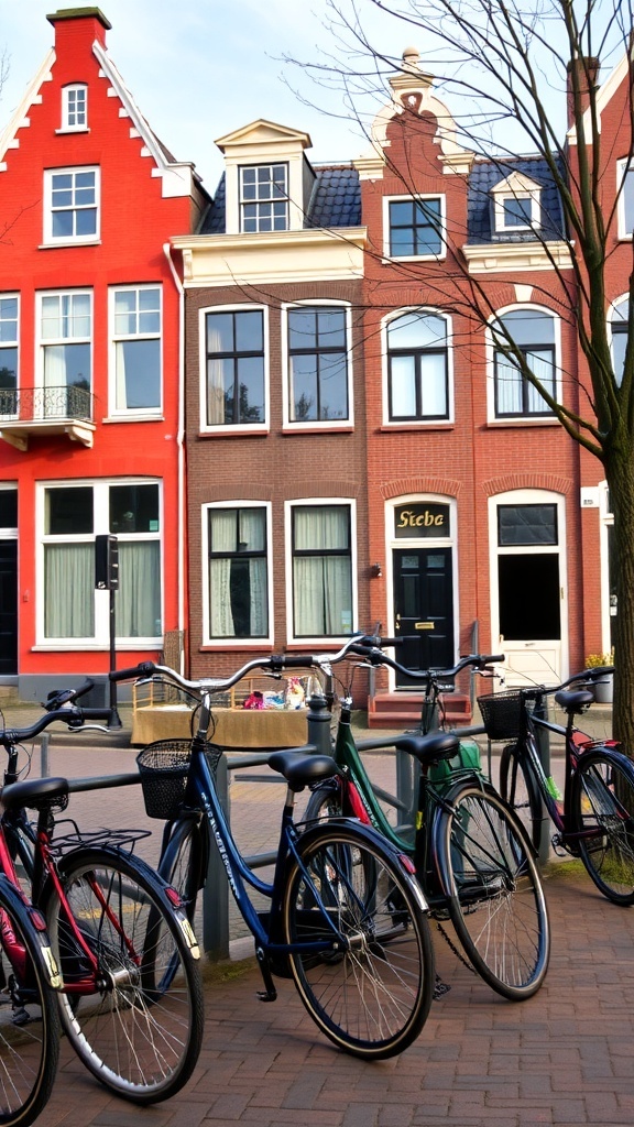 Bicycles parked in front of colorful houses in Amsterdam