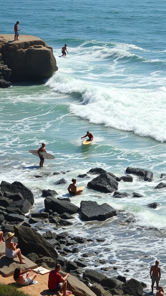Surfers riding waves at Bingin Beach with people relaxing on the rocky shore.