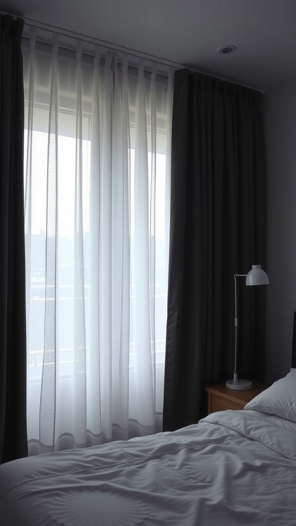 A bedroom featuring a combination of sheer and blackout curtains, with a cozy bed and lamp.