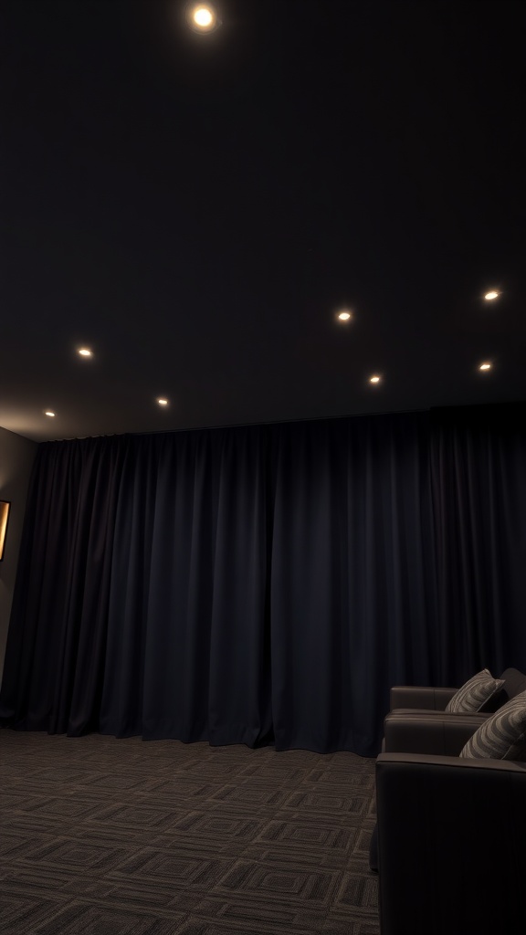 A cozy home theater with dark blackout curtains and soft ceiling lights.
