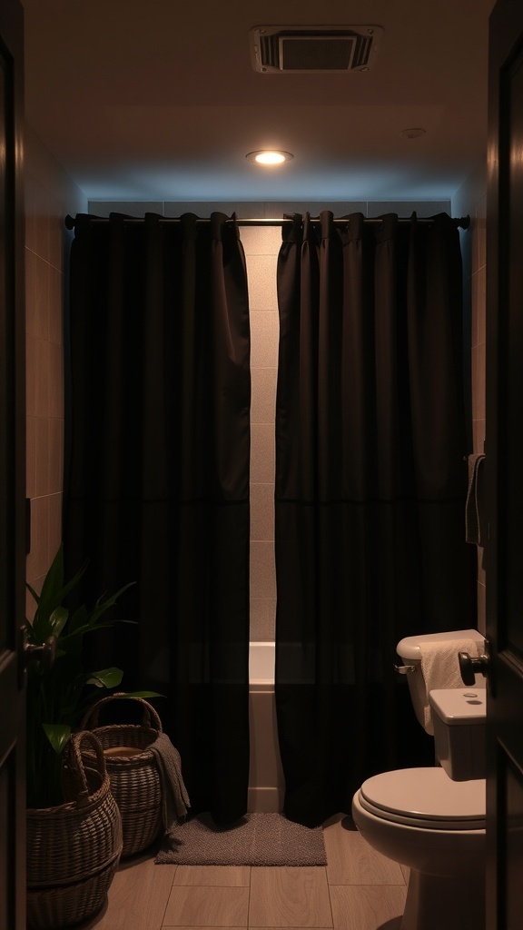 A bathroom with black blackout curtains, a toilet, and a plant in a basket.