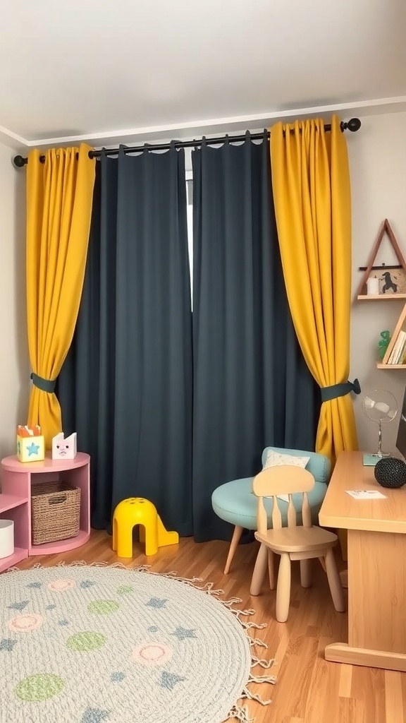A kids' room featuring vibrant yellow and dark blue blackout curtains, a round patterned rug, a pink storage unit, and child-sized furniture.