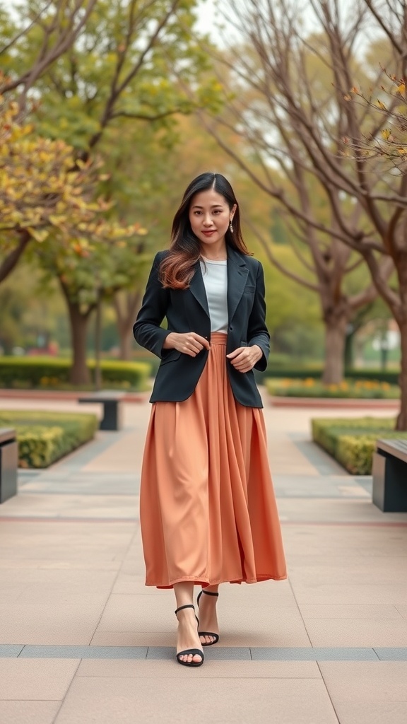 A woman wearing a black blazer and a flowing midi skirt, walking in a park.